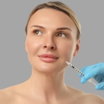Femme recevant injection cosmétique traitement botox acide hyaluronique lèvres